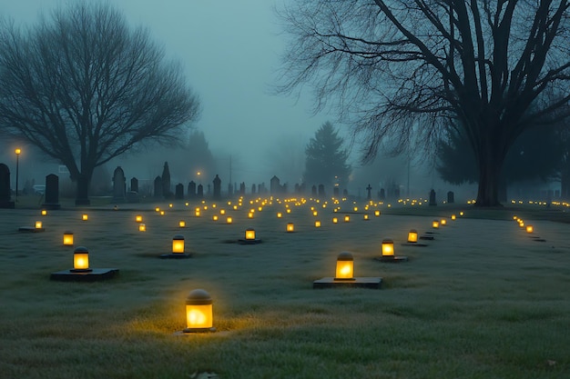 Photo misty graveyard with ghostly glowing lights