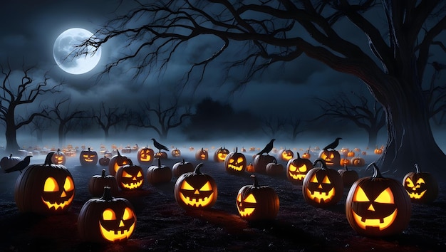 Misty Halloween Night in a Dark Pumpkin Patch with Glowing JackoLanterns