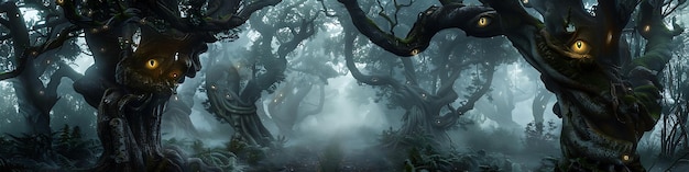 A misty haunted forest path with ancient twisted trees eerie fog and glowing eyes peering from behind dense branches