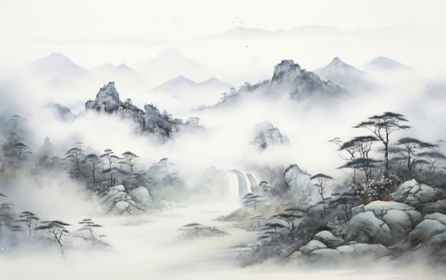 Misty hill a fluffy cloud chinese painting illustration