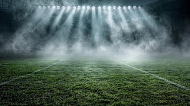 Misty illuminated football field at night generative ai