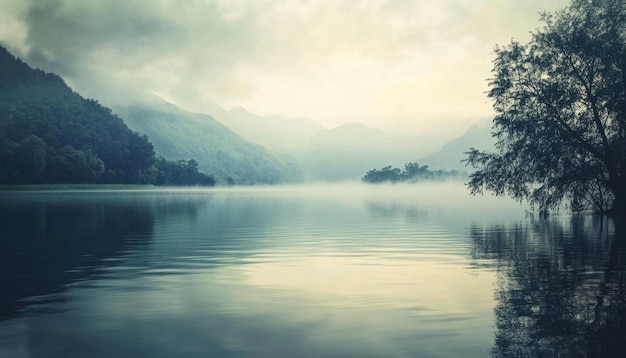 Misty Lake and Mountain Landscape