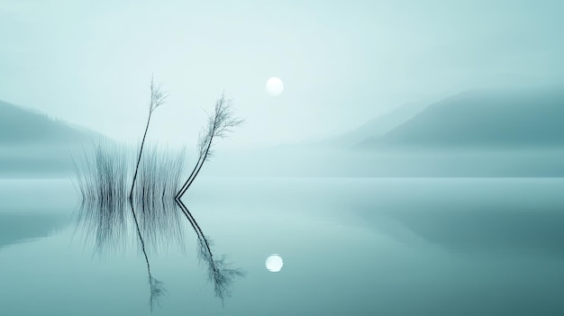 Photo misty lake serenity captures the ethereal beauty of a serene lake shrouded in mist the lone tr