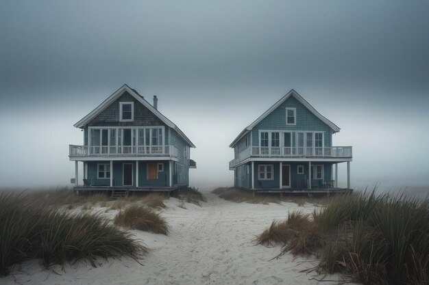 Misty Lake Twin Houses Reflection