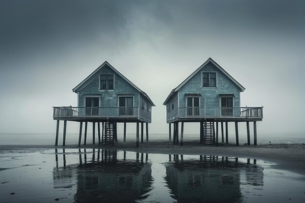 Misty Lake Twin Houses Reflection