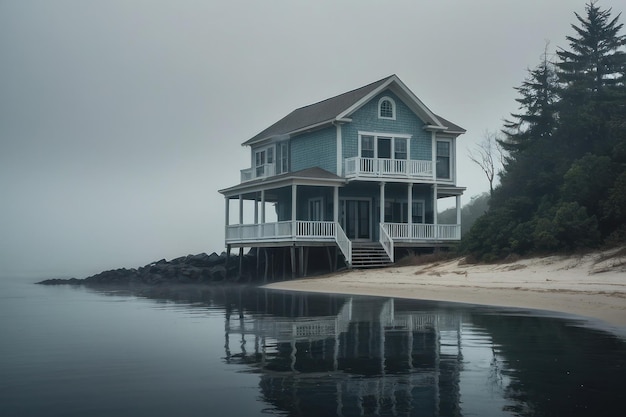 Misty Lake Twin Houses Reflection