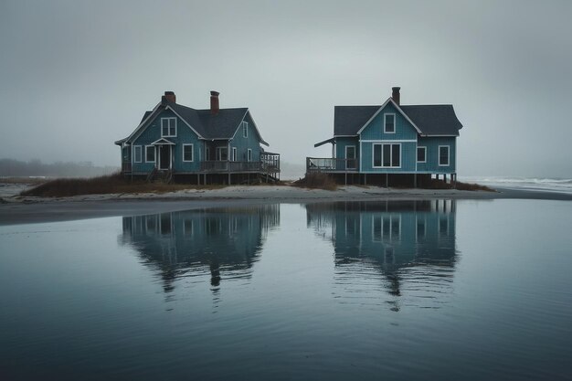 Misty Lake Twin Houses Reflection