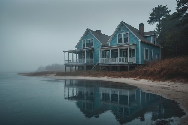 Misty Lake Twin Houses Reflection