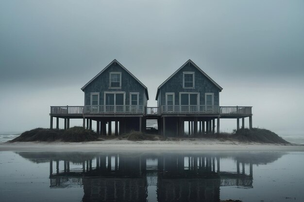 Misty Lake Twin Houses Reflection