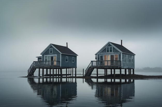 Misty Lake Twin Houses Reflection