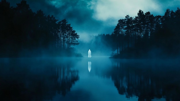 Photo a misty lake with a light house in the background