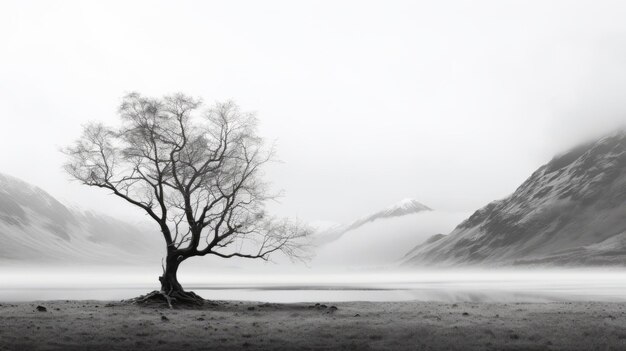 Misty Landscape A Romanticized Depiction Of A Lone Tree In Black And White