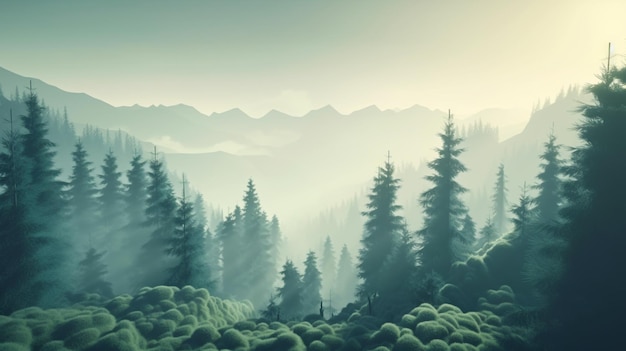 Misty landscape with fir forest in hipster vintage retro style