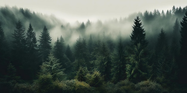 Misty landscape with fir forest in vintage retro style Generative AI