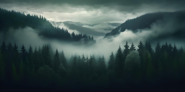 Misty landscape with fir forest in vintage retro style