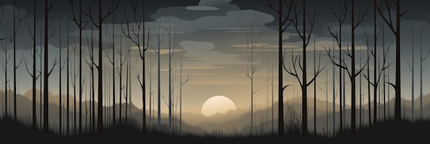 Misty landscape with leafless trees against calming sunset background forest silhouette at dawn