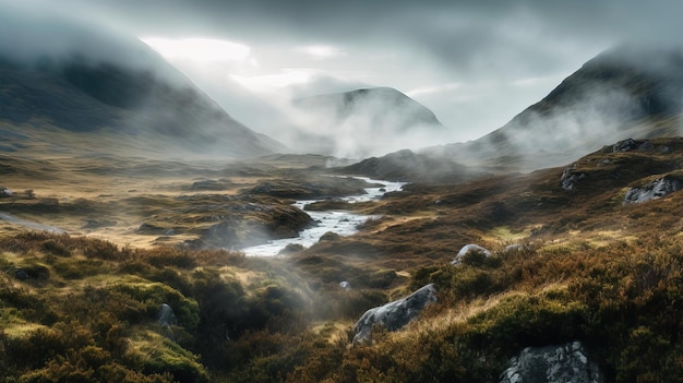 A misty landscape with mountains in the distance