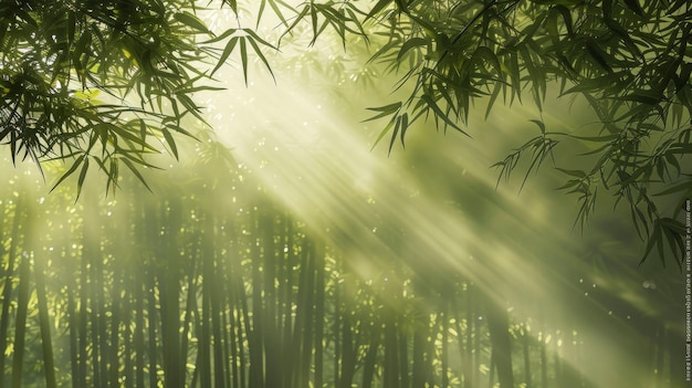 Misty morning in a bamboo forest rays of light filtering through