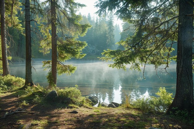 Photo misty morning on the lake serene forest reflection