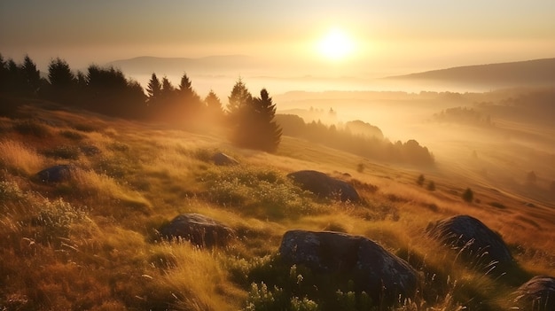 Misty morning landscape with rolling hills forest and golden sunrise rock and grassland