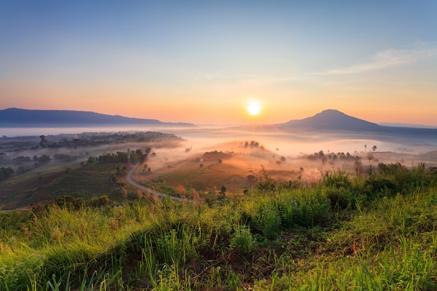 Misty morning sunrise in Khao Takhian Ngo View Point at Khao-kho Phetchabun