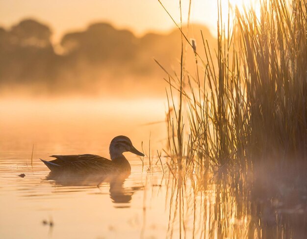 Photo a misty morning sunrise showcasing a duck leisurely swimming among reeds on a pond