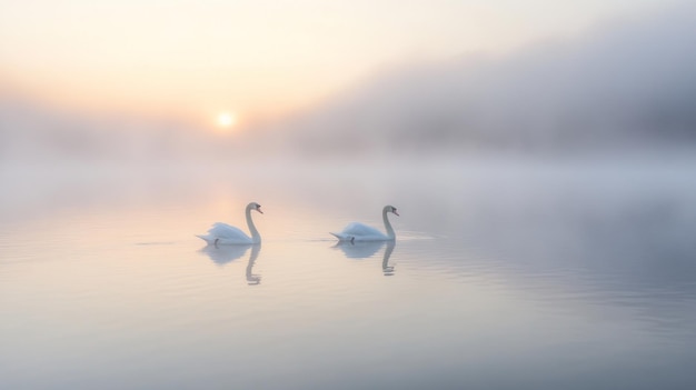 Photo misty morning swans