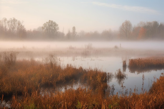 Misty morning with mist rising from wetlands and marshlands created with generative ai