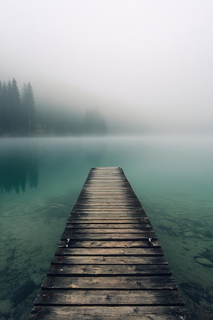 Misty Morning at a Wooden Dock on a Serene Lake