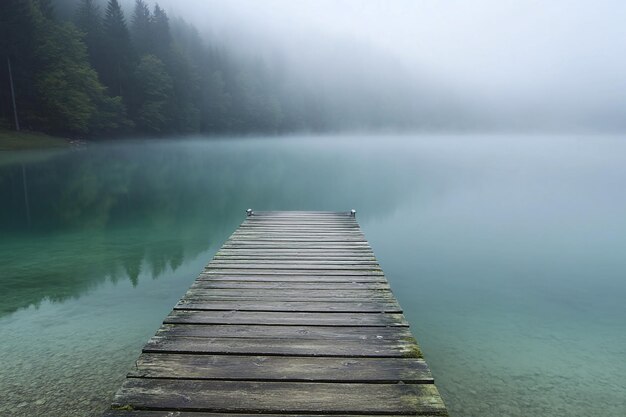 Misty Morning at a Wooden Dock on a Serene Lake