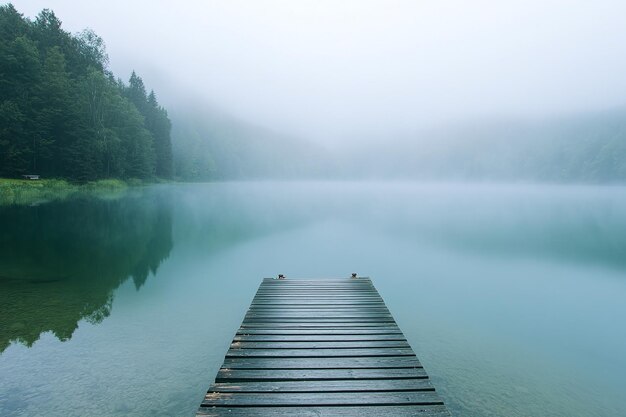 Misty Morning at a Wooden Dock on a Serene Lake