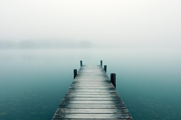 Misty Morning at a Wooden Dock on a Serene Lake