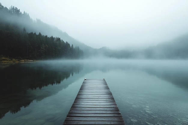 Misty Morning at a Wooden Dock on a Serene Lake