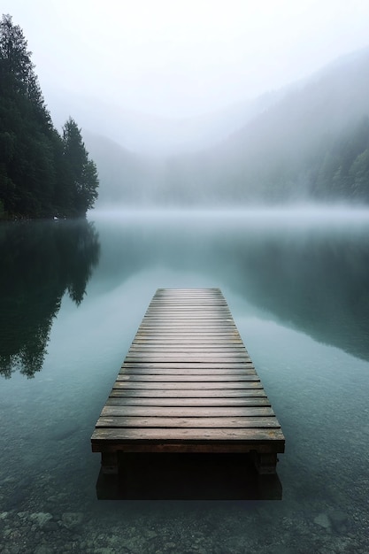 Misty Morning at a Wooden Dock on a Serene Lake