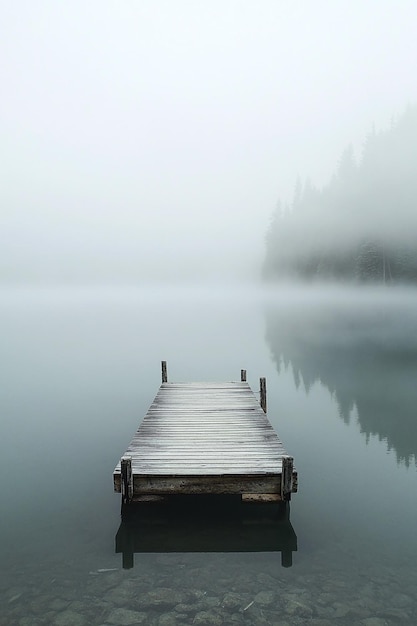 Misty Morning at a Wooden Dock on a Serene Lake