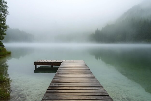 Misty Morning at a Wooden Dock on a Serene Lake