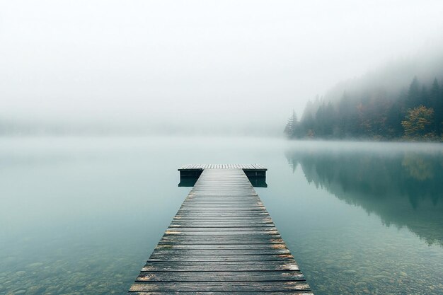 Misty Morning at a Wooden Dock on a Serene Lake