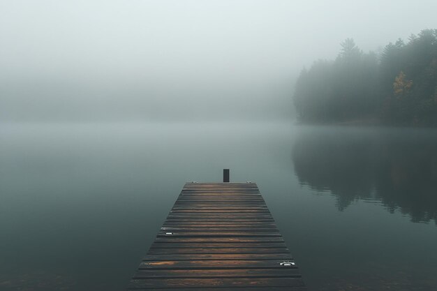 Photo misty morning at a wooden dock on a serene lake