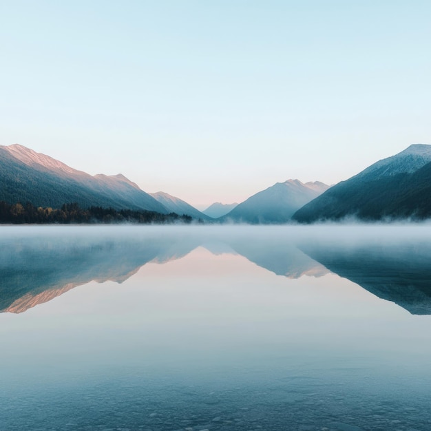 Misty mountain lake at sunrise with a reflection on the still water