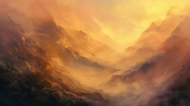 A misty mountain pass at dawn with wisps of fog clinging to the rocky slopes and the first light of morning painting the sky in shades of pink and gold