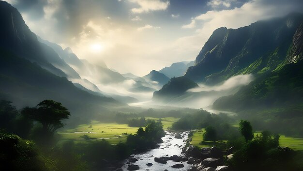 Photo misty mountain valley river lush greenery