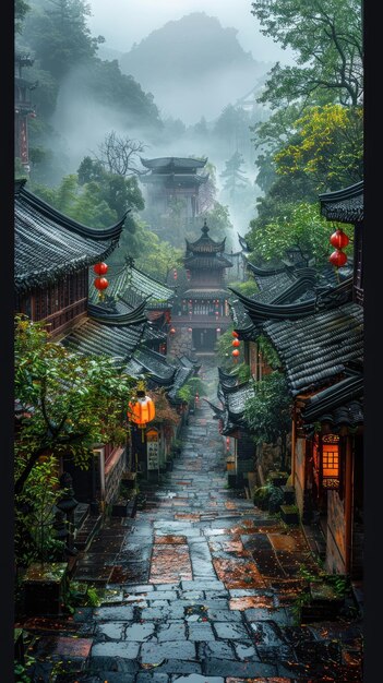 A misty mountain village in China with traditional architecture and cobblestone streets