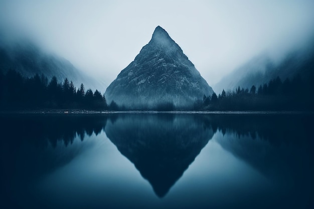 Photo misty mountains reflecting in the waters of a lake at twilight