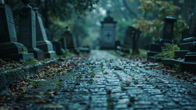 Photo a misty path leads through an old cemetery the stones wet from rain and a silent ambience filled wit