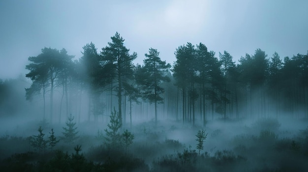 Misty Pine Forest in Early Morning