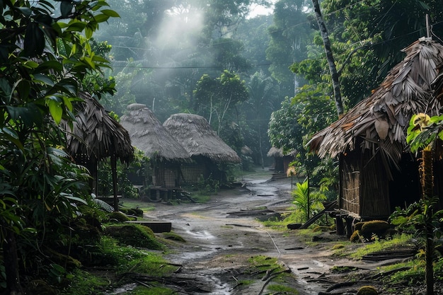 Photo misty rainforest village at dawn