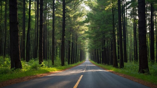 A misty road lined with trees forming a natural tunnel