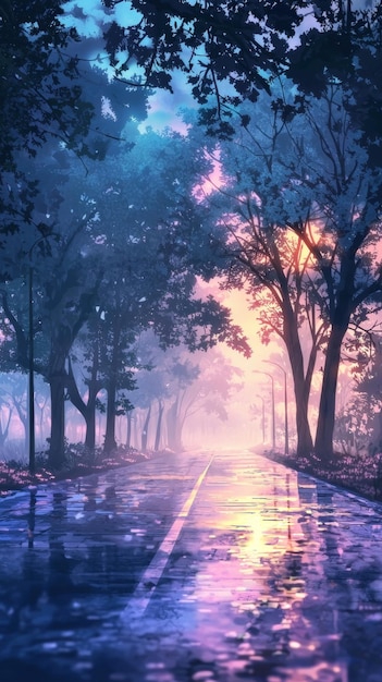 Misty Road at Sunrise Enveloped in a Dreamlike Atmosphere of Nature s Tranquility