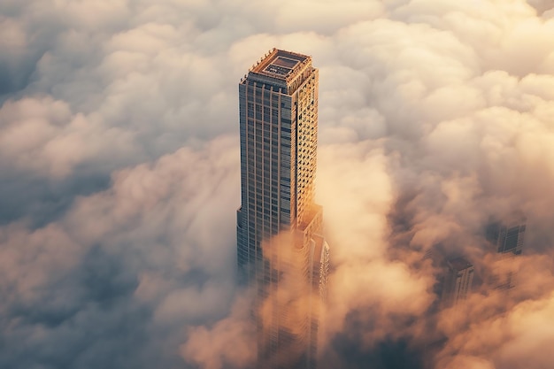 Misty skyscraper silhouette high resolution dawn lighting