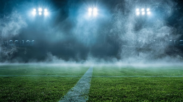 Misty stadium at night with bright floodlights generative ai